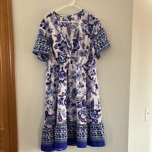 Blue and White Flutter Sleeve Midi Sundress